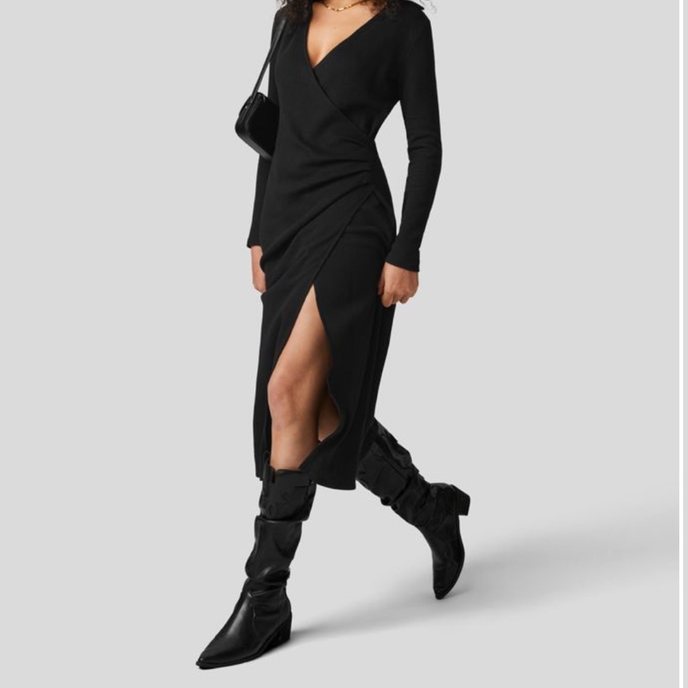 V Neck Crossover Ruched Split Hem Waffle Casual Cotton Midi Dress